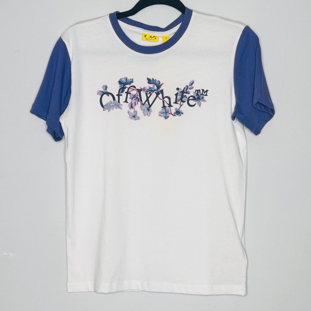 Off-White Kids Ringer Tee Floral Logo Unisex Size 12 White Blue Hype Streetwear